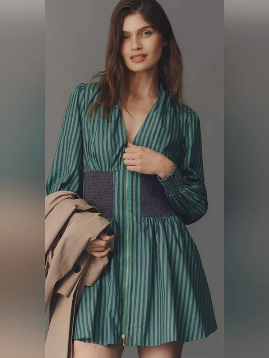 NWT ANTHROPOLOGIE The Tommie Long-Sleeve Smocked Front-Zip Mini Shirt Dress XL - Picture 1 of 7